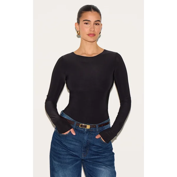 Black Basic Slinky Long Sleeve Bodysuit