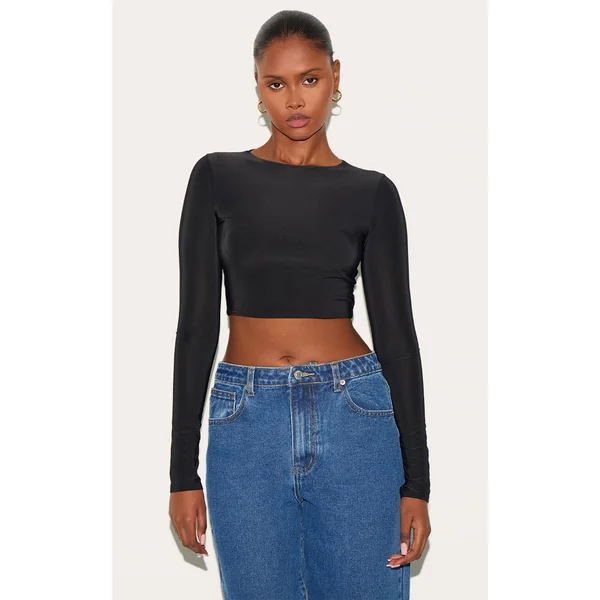 Black Basic Slinky Long Sleeve Crop Top
