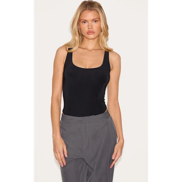 Black Basic Slinky Scoop Neck Bodysuit