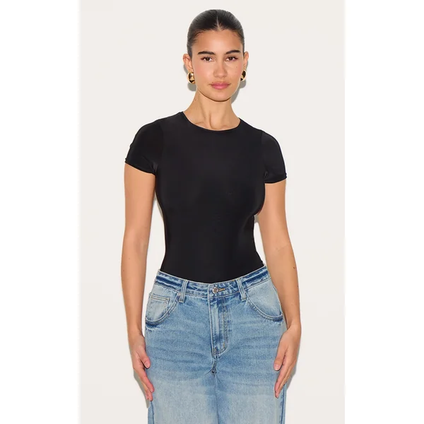 Black Basic Slinky Short Sleeve Bodysuit