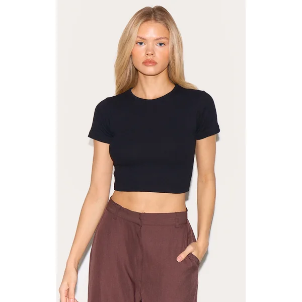 Black Basic Soft Ribbed Short Sleeve Crop Top