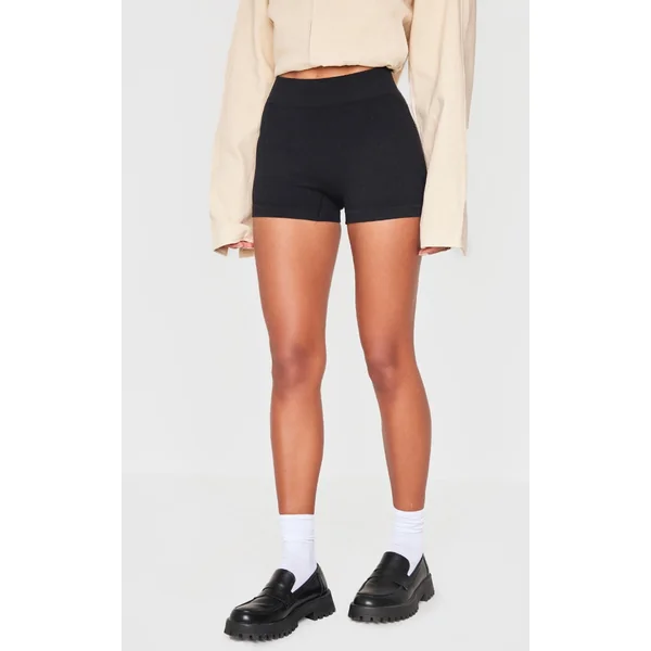 Black Basic Structured Snatched Rib Hot Pants