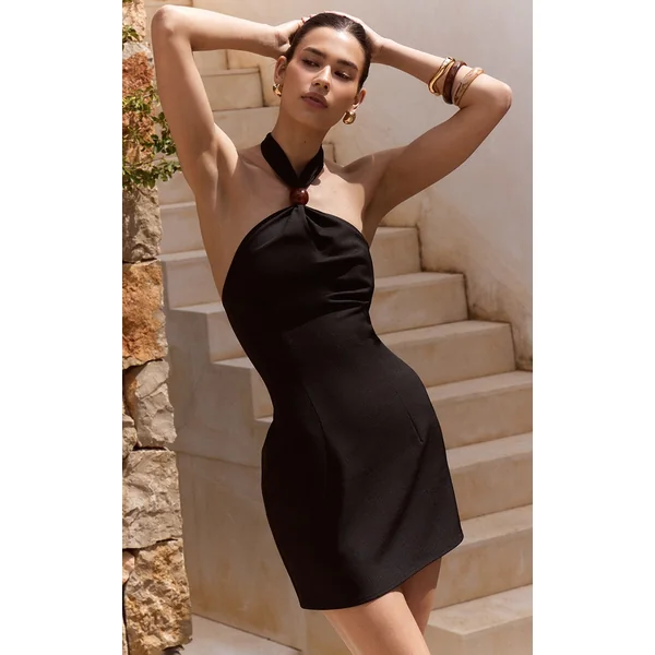 Black Bead Detail Halterneck Bodycon Dress
