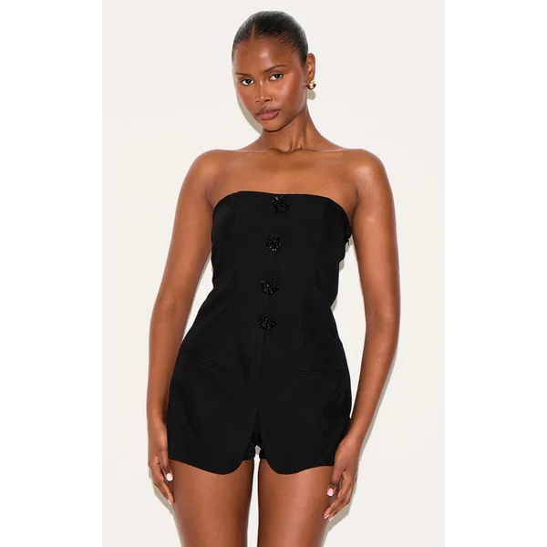 Black Beaded Button Detail Tailored Romper