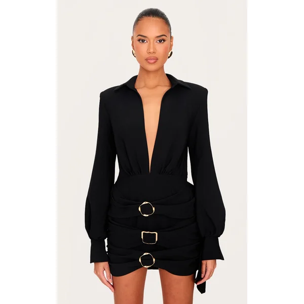 Black Belt Wrap Detail Mini Dress