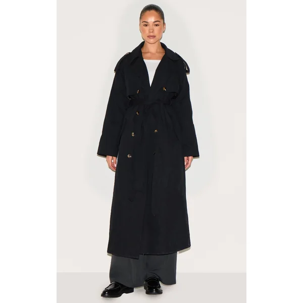 Black Belted Double Breasted Trench Coat