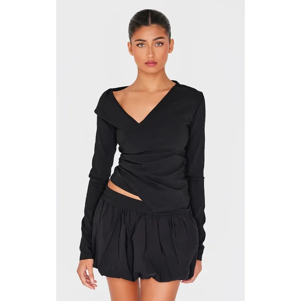 Black Bengaline Asymmetric Ruched Long Top