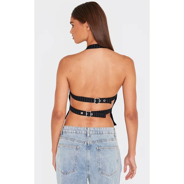 Black Bengaline Pinstripe Backless Top