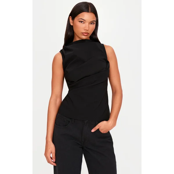 Black Bengaline Ruched Fitted Long Top