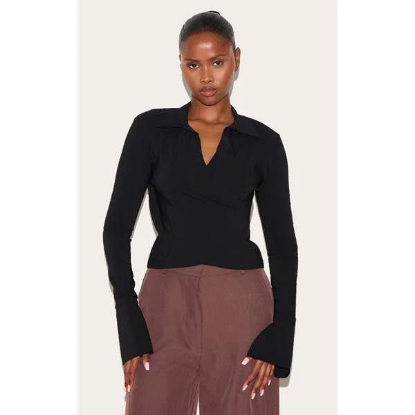 Black Bengaline Wrap Detail Fitted Shirt