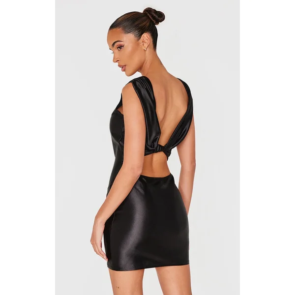 Black Boat Neck Knot Back Detail Mini Dress