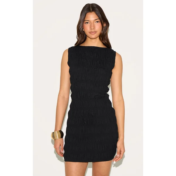 Black Boat Neck Shirred Bodycon Dress