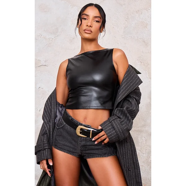 Black Boatneck Faux Leather Long Top