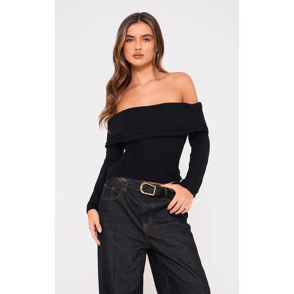 Black Bobble Knit Bardot Top
