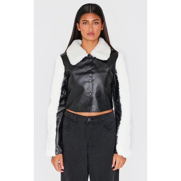 Black Bonded Sleeves Faux Leather Jacket