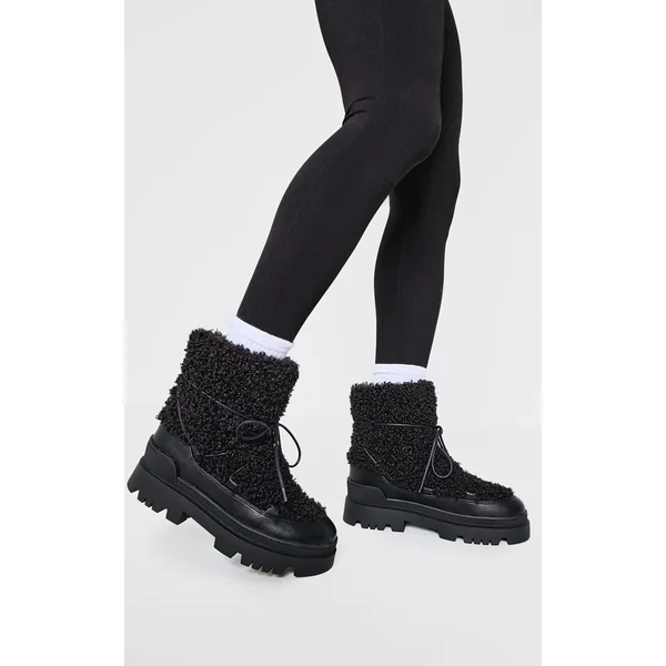 Black Borg Round Toe Chunky Sole Ankle Boots