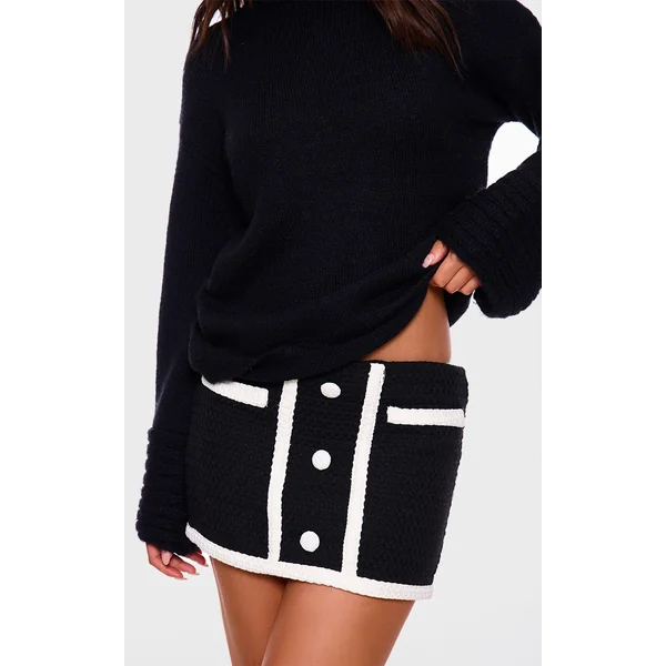 Black Boucle Button Detail Mini Skirt