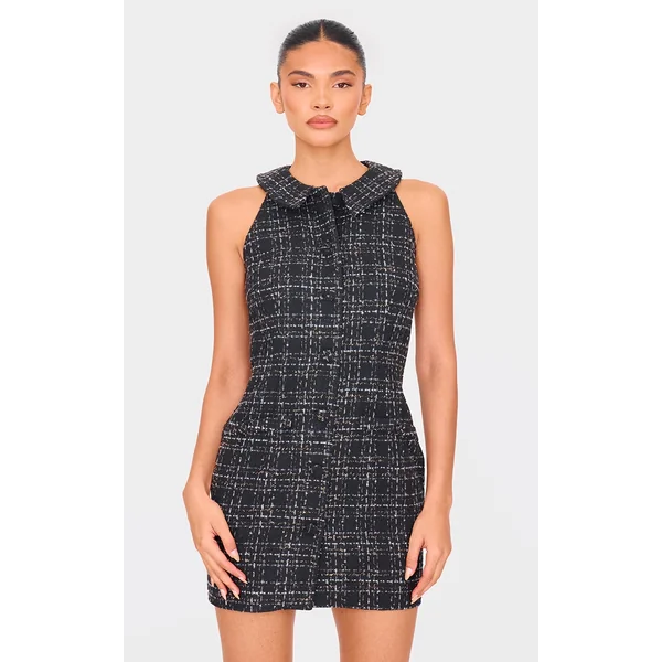 Black Boucle Button Up Mini Dress