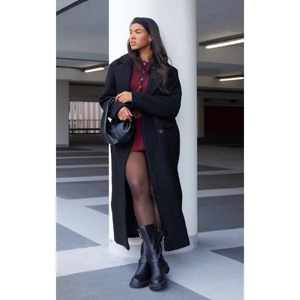 Black Boucle Double Breasted Structured Maxi Coat