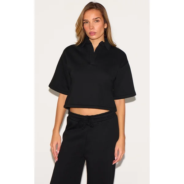 Black Boxy Collar Detail Cropped Sweatshirt