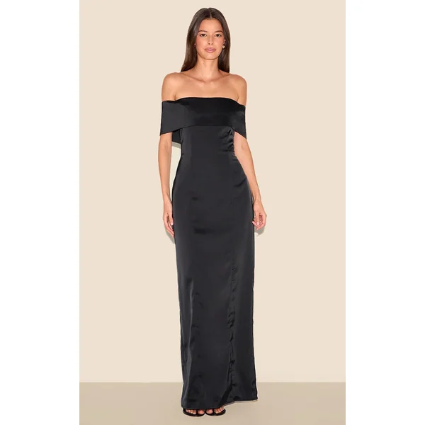 Black Bridesmaid Bardot Fold Over Sleeveless Maxi Dress
