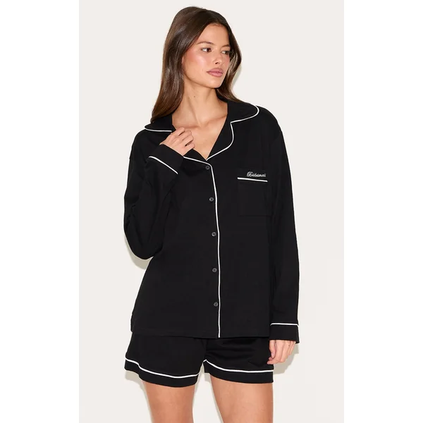 Black Bridesmaid Embroidered Jersey Piping Short Pj Set