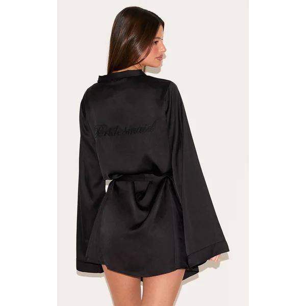 Black Bridesmaid Embroidered Satin Robe