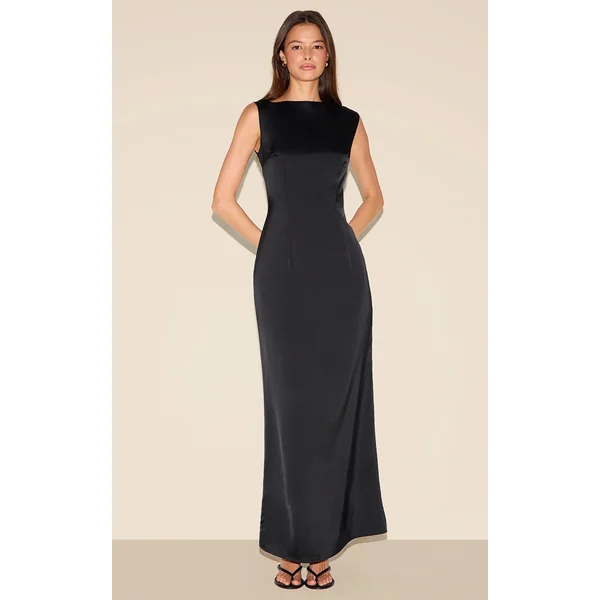 Black Bridesmaid Satin Boat Neck Maxi Dress