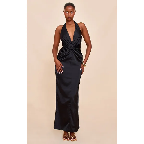 Black Bridesmaid Satin Twist Detail Halterneck Maxi Dress