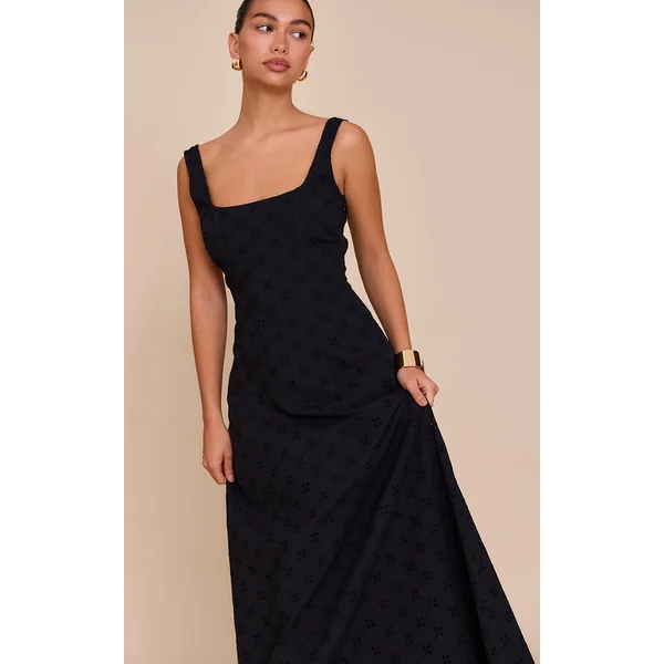 Black Broderie Corset Midaxi Dress