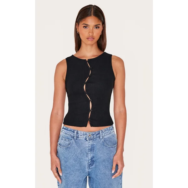 Black Brushed Rib Abstract Button Down Detail Long Top