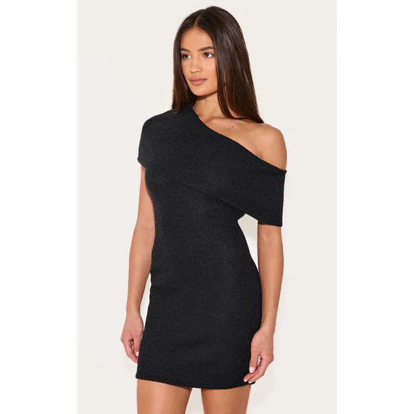 Black Brushed Rib Asymmetric Bodycon Dress