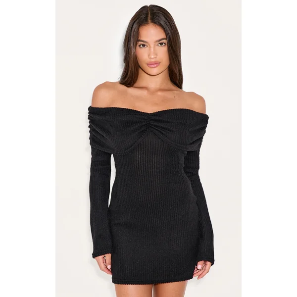 Black Brushed Rib Bardot Long Sleeve Bodycon Dress