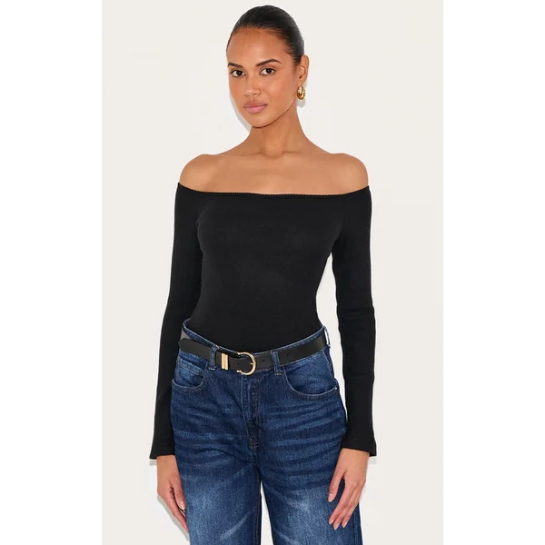 Black Brushed Rib Bardot Long Sleeve Bodysuit