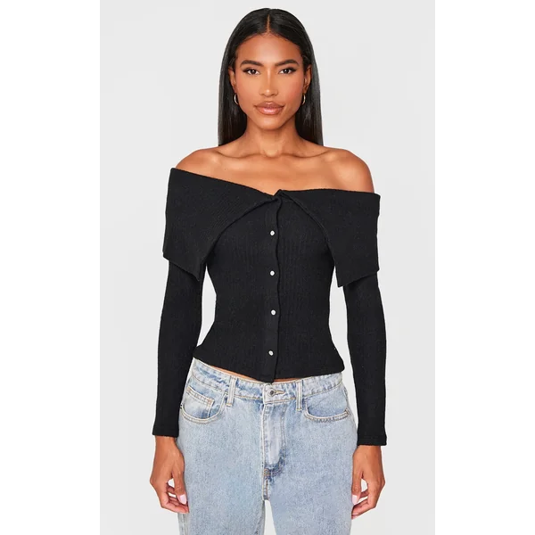 Black Brushed Rib Fold Over Popper Detail Long Top