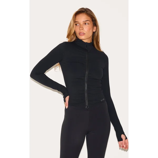 Black Brushed Sculpt Ruched Front Zip Up Sport Jacket