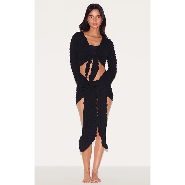 Black Bubble Texture Tie Front Top And Sarong Beach Set