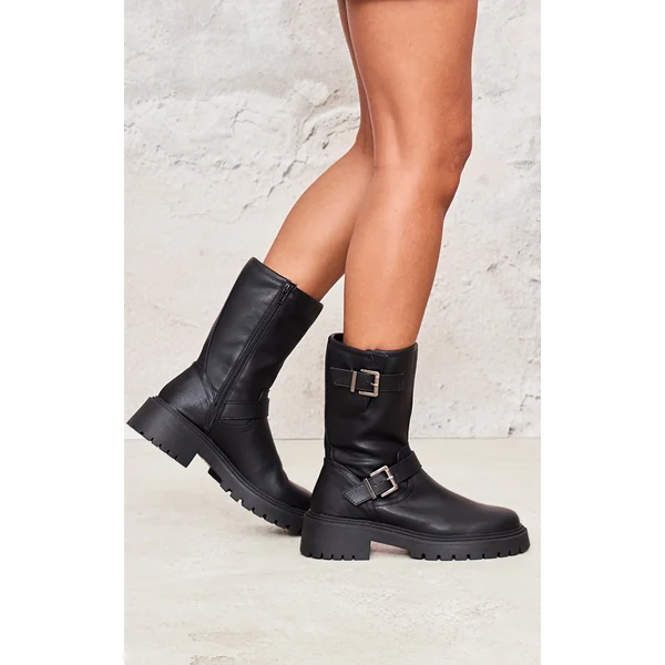 Black Buckle Detail Mid Calf Chunky Ankle Boots