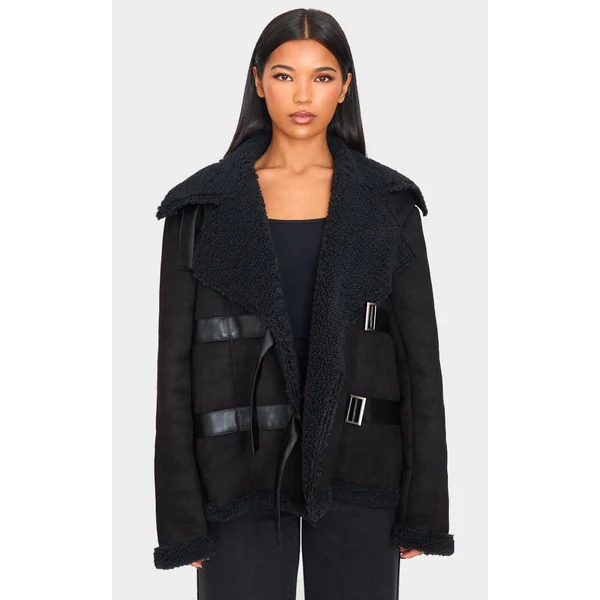 Black Buckle Trim Detail Aviator Jacket