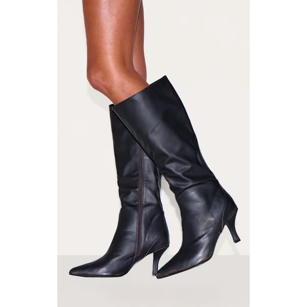 Black Burnish Wide Fit Pu Point Toe High Stiletto Heel Knee High Boots
