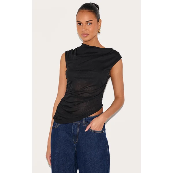 Black Burnout Mesh Asymmetric Hem Long Top