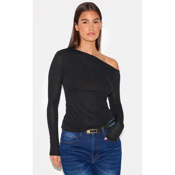 Black Burnout Mesh Asymmetric Shoulder Long Sleeve Top