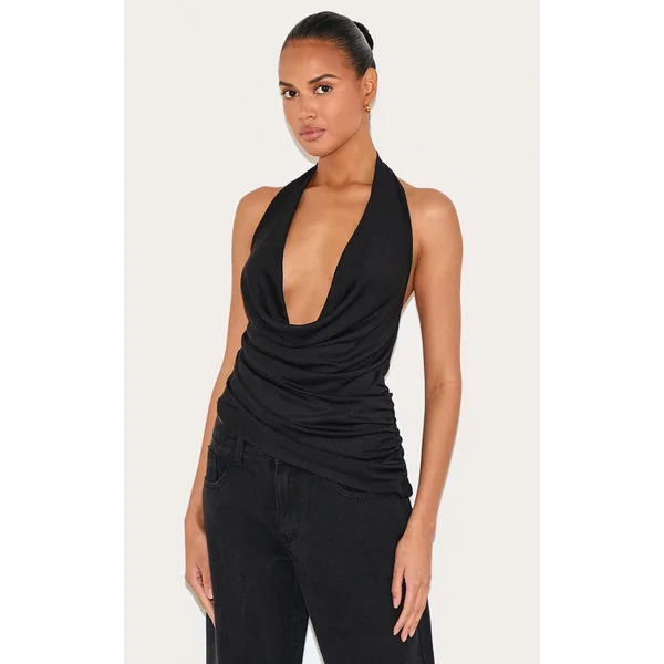 Black Burnout Mesh Cowl Neck Detail Long Top