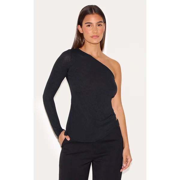 Black Burnout Mesh One Shoulder Detail Long Top