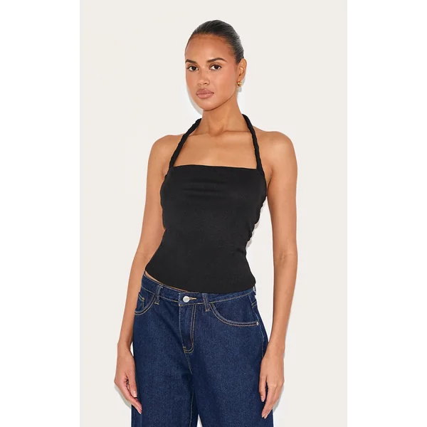 Black Burnout Mesh Twist Halter Neck Long Top