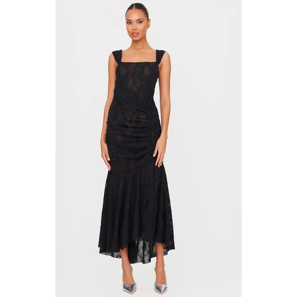 Black Burnout Side Ruched Midi Dress