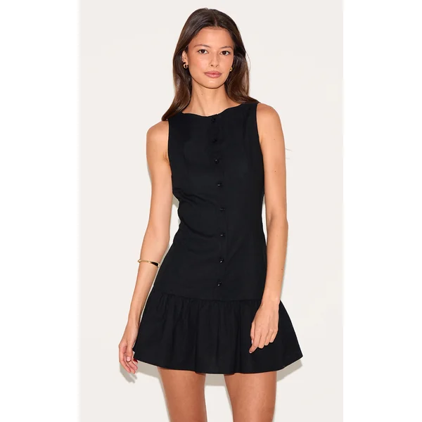 Black Button Down Boat Neck Shift Dress