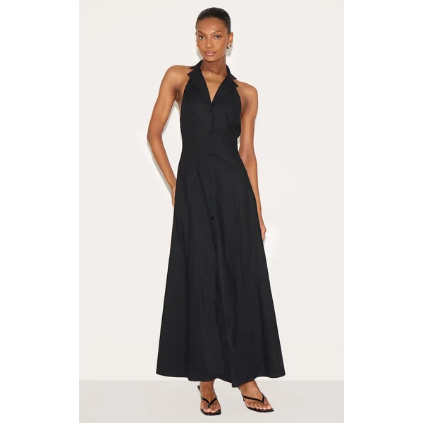 Black Button Down Collar Detail Maxi Dress