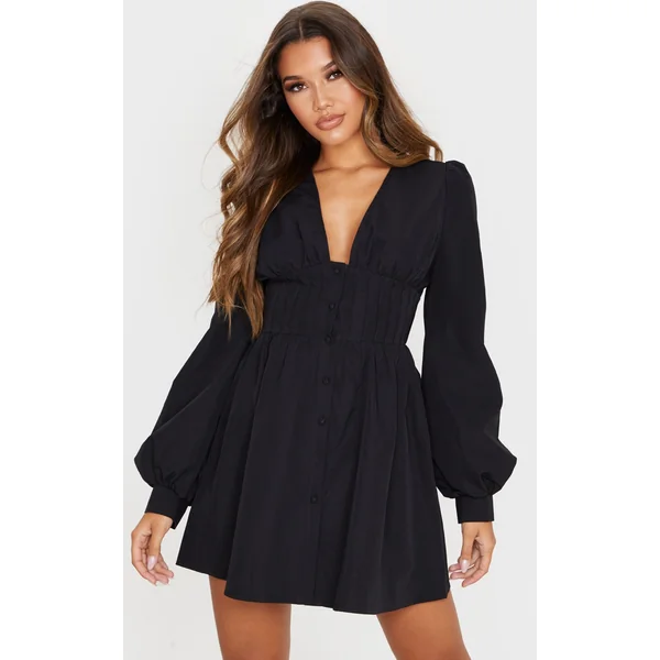 Black Button Front Fitted Puff Sleeve Skater Dress