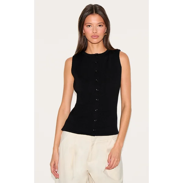 Black Button Through Sleeveless Top
